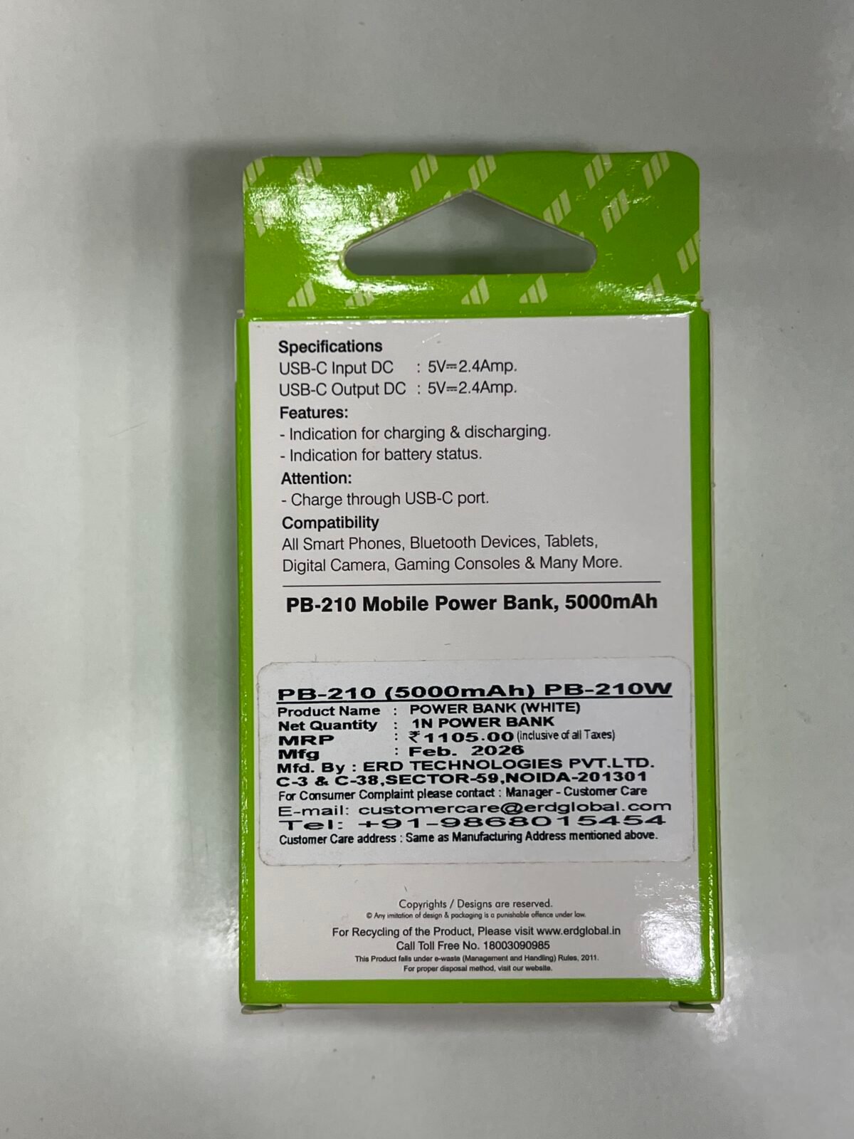 ERD PB-210 5000mAh USB-C Mobile Power Bank (White) - Image 5