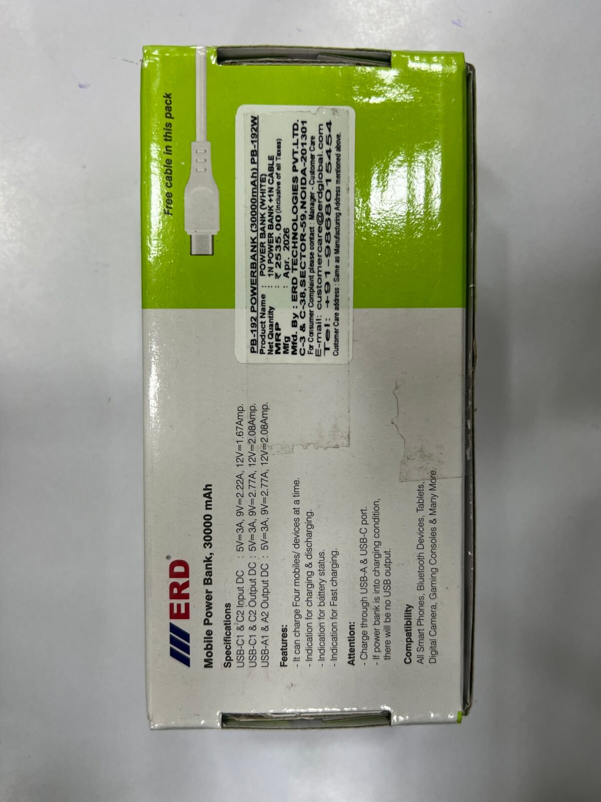 ERD PB-192W 30000mAh 25W Fast Charging Power Bank (White) - Image 2